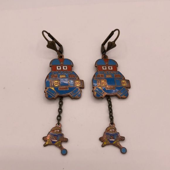 Disney 70’s Vintage V.I.N.CENT Robot Drop Chain Pendant Pierced Earrings RARE - Picture 1 of 8
